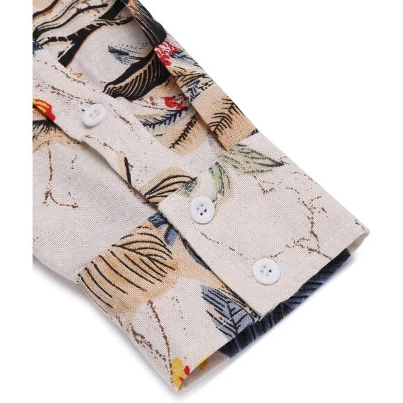 Men's Khaki Floral Cotton Linen Henley T-shirt Long Sleeve Casual Beach Button - Picture 8 of 8